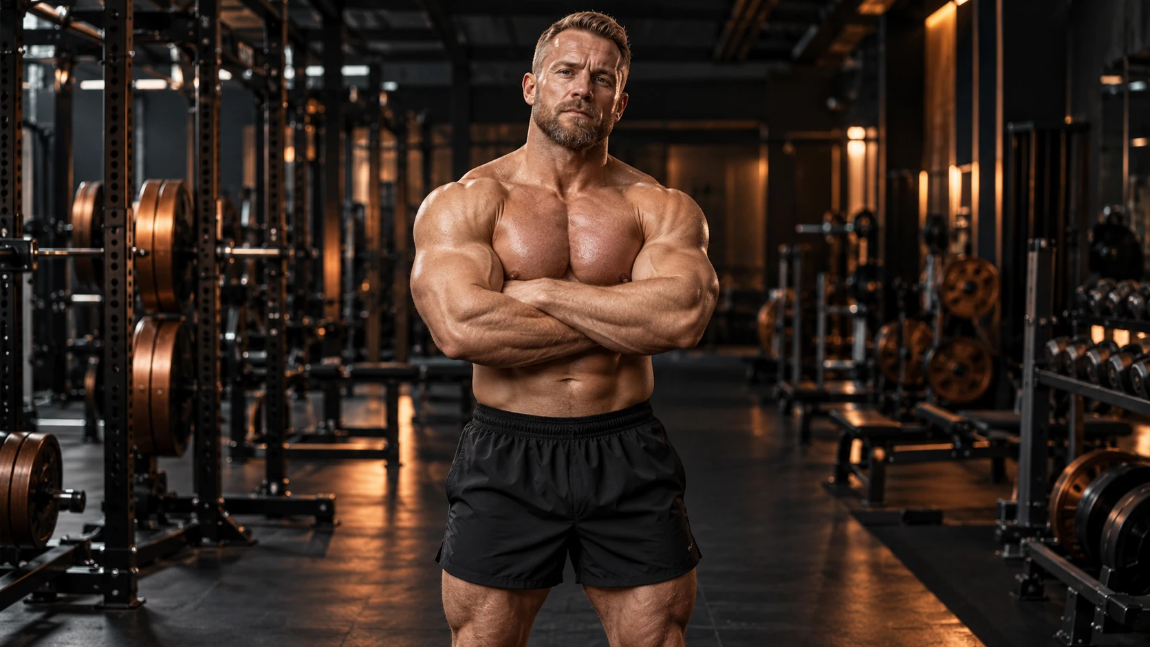 Adult muscular athlete with folded arms in a warmly lit strength gym